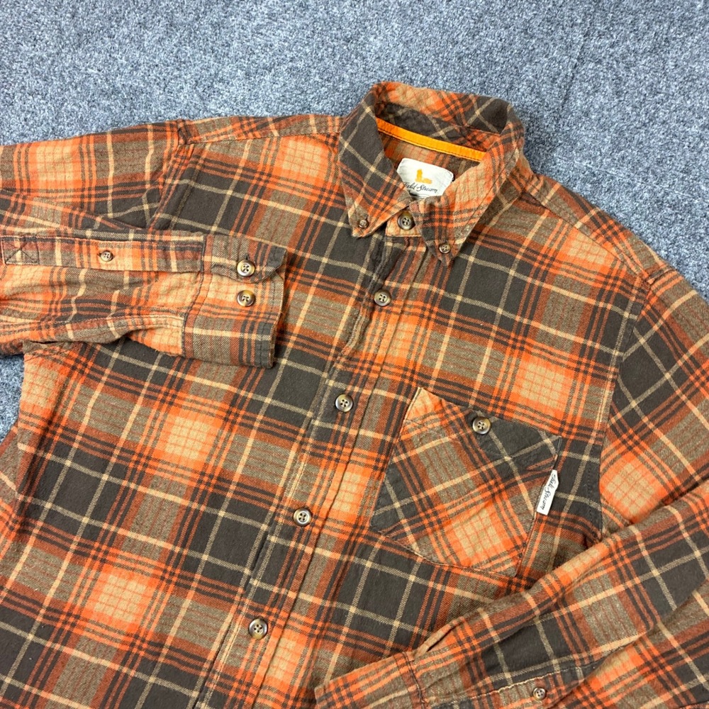Field Stream Mens Size Small Orange Brown Plaid Flannel Button Down Shirt